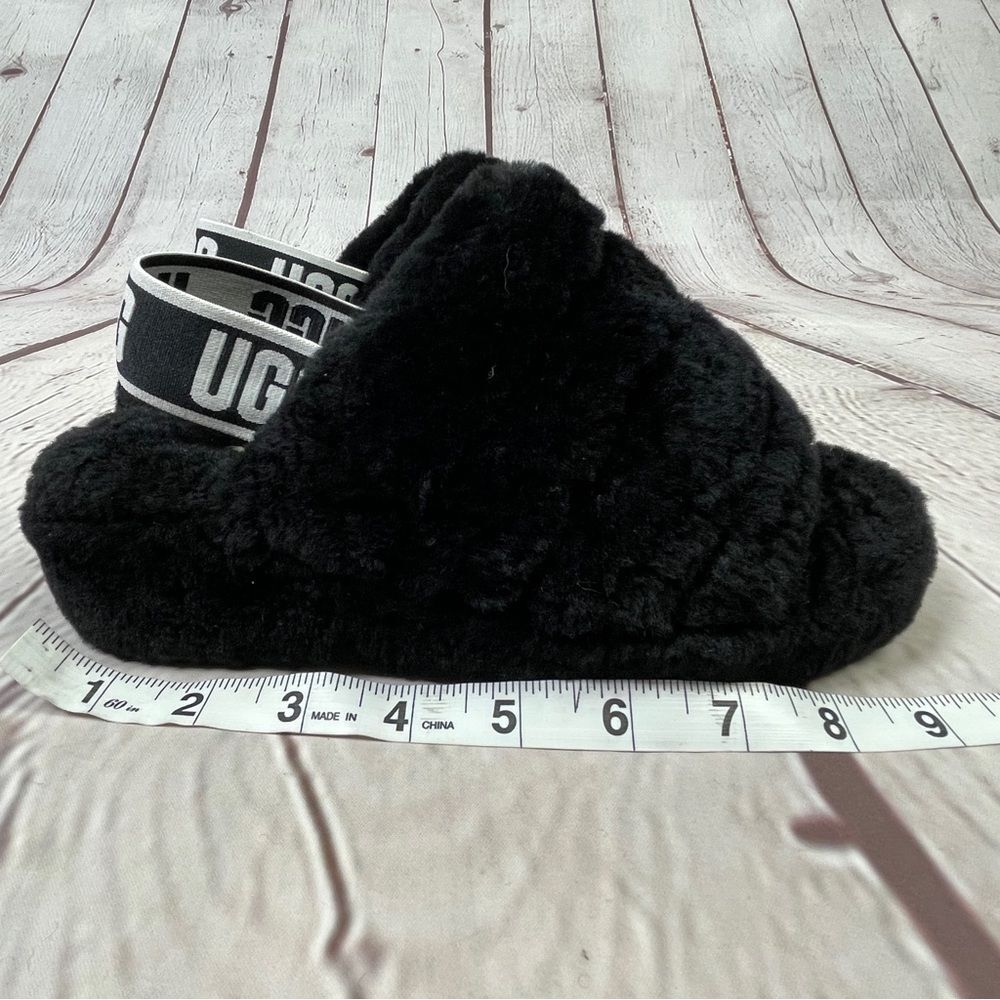 UGG Fluff Yeah black furry soft slippers slides with back straps, size 5 - Picture 10 of 11